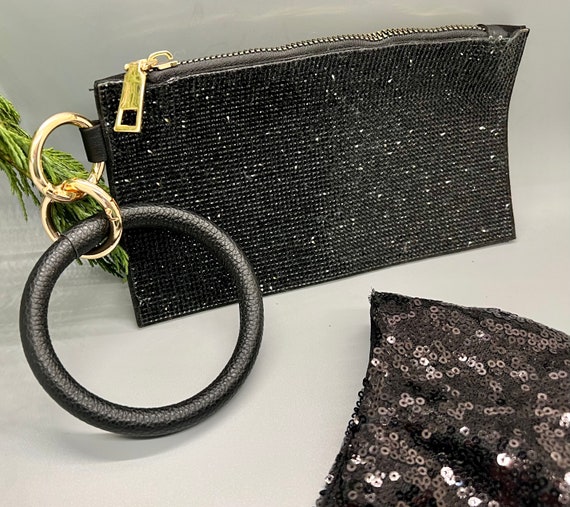 Black Rhinestones Wristlet Clutch Bag With Matching Black Sequin Face Mask.  Key Ring Bracelet - Etsy
