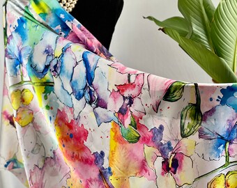 Satin Silk Scarf Artful Watercolor Flowers Print Silky Scarf Shawl Large 35" x 70" Lightweight Silky Thin Scarf Wrap Elegant Style Scarf