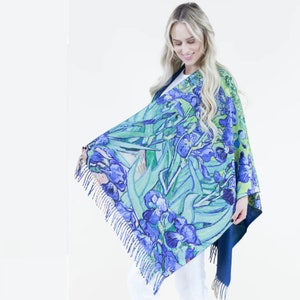 Artful The Irises by Van Gogh Print Ruana Tassel Fringe Details Poncho Ruana Wrap Free Size Ruana Poncho Winter Wrap Soft wool image 2