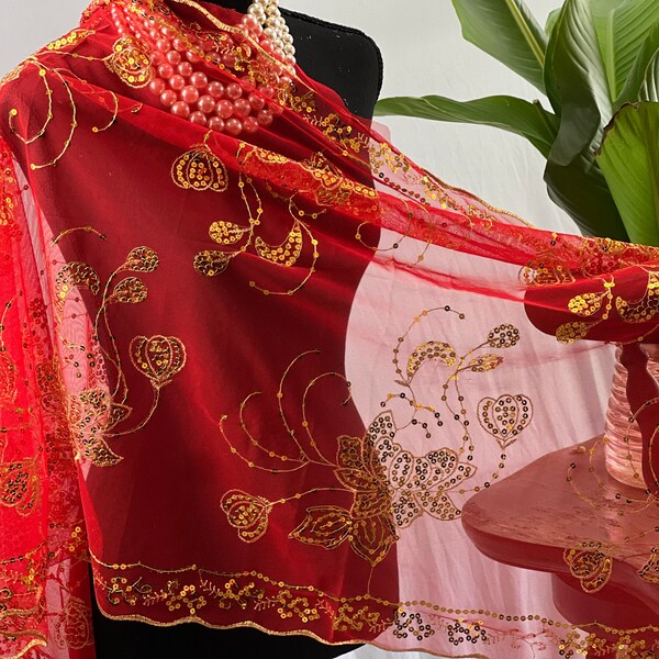 RED GOLD Bezaubernde Blumen Pailletten Stickerei Schiere Spitze Schal, Schal, Hochzeit Cape Abend Schal Quasten Schal