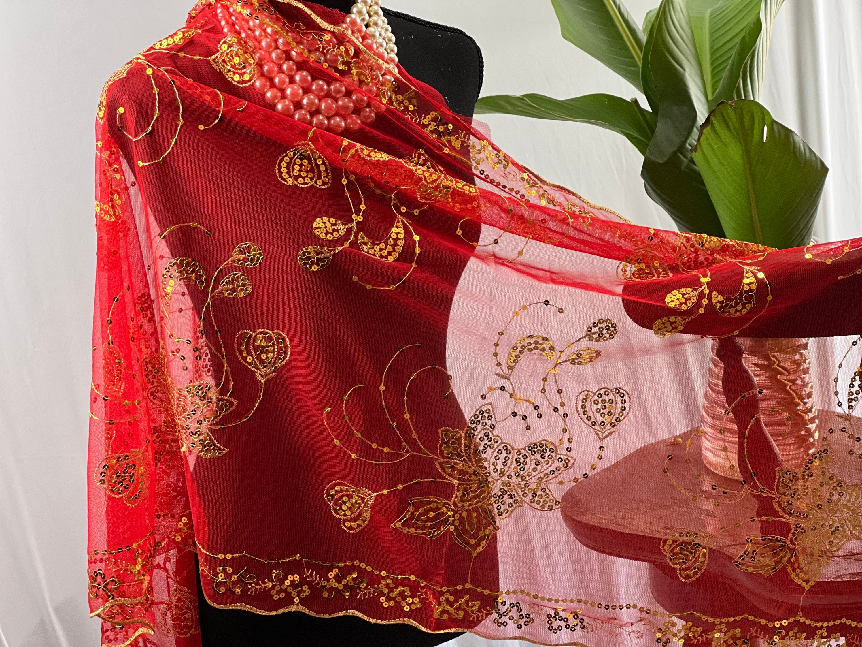 Buy RED GOLD Charming Floral Sequin Embroidery Sheer Lace Shawl Online in  India - Etsy