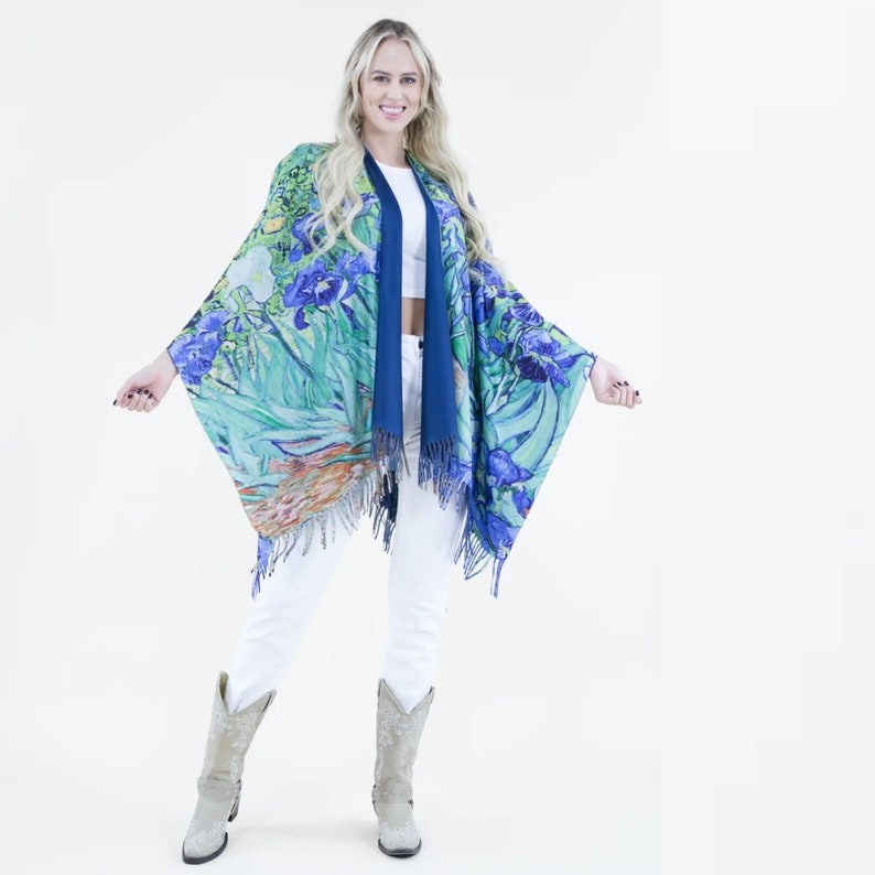 Artful The Irises by Van Gogh Print Ruana Tassel Fringe Details Poncho Ruana Wrap Free Size Ruana Poncho Winter Wrap Soft wool image 5