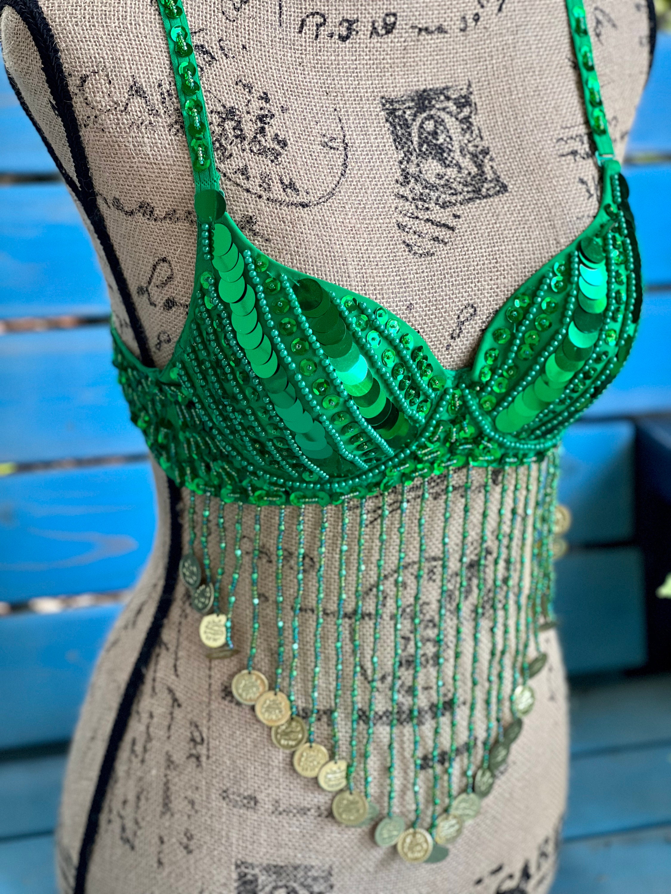 Handmade GREEN Bra Beautiful Bra Long Pendant Fringe Belly Dance