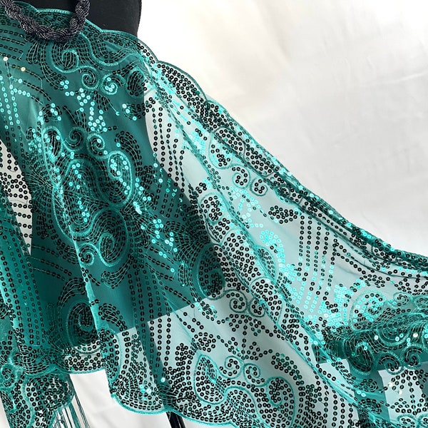 Charming Emerald Green Jade Green Scarf Floral TASSELS Sequin Sheer Lace Wedding Cape Evening Scarf. Sparkle floral sequin scarf warp shawl