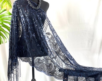 Charming Navy Blue Sequin Floral Decor Sheer Lace Shawl Scarf Wedding Cape Evening Shawl Women Sparkle Shawls Wraps for Party Dresses