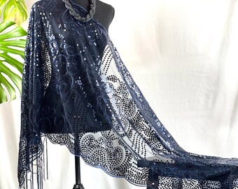 Charming Navy Blue Sequin Floral Decor Sheer Lace Shawl Scarf Wedding Cape Evening Shawl Women Sparkle Shawls Wraps for Party Dresses