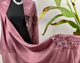 Mauve Purple Floral Embroidery Sequin tassel Scarf. Elegant scarf shawl