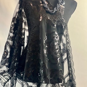 Vintage Black Roses Sequin Sheer Lace Shawl, Scarf, Wedding Cape Evening Scarf Tassels Shawl