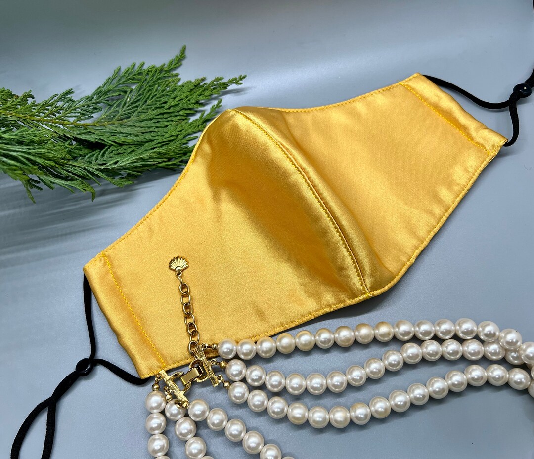 Mustard Yellow Satin Mask Adjustable Elastic Straps 3 Layer Protection