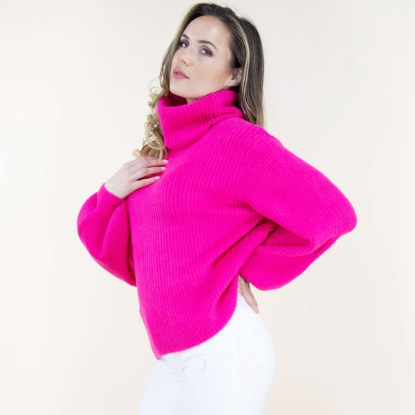 Trendy Fuchsia Pink Glowing Oversized Turtle Neck Sweater