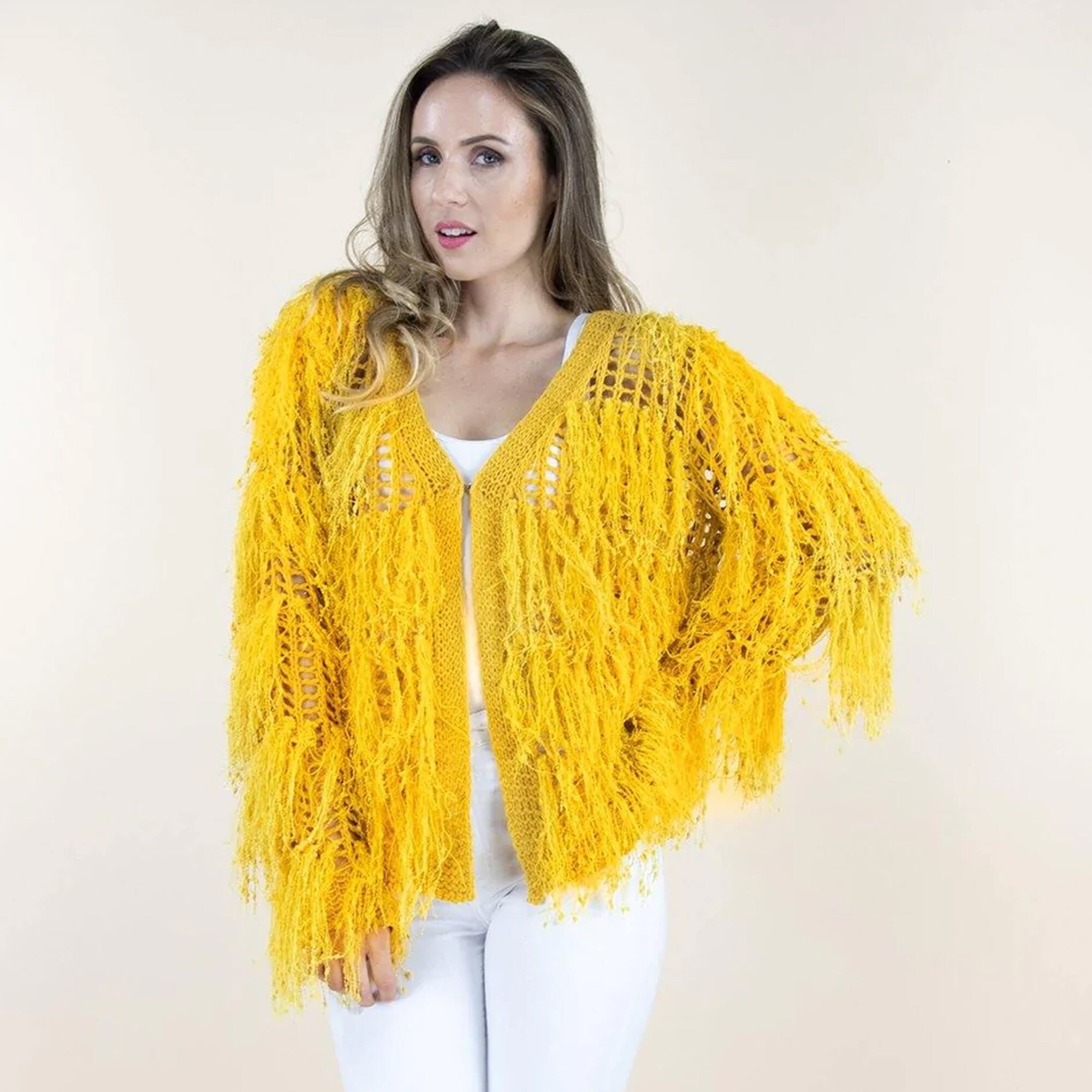 Trendy Yellow Shaggy Cardigan Outer V-collar Net Tassel Short - Etsy