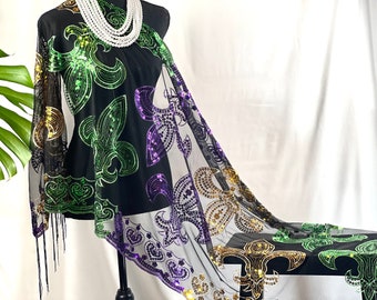 Charming Mardi Gras Fleur De Lis Sequin Sheer Lace Shawl, Scarf, Evening Scarf Tassels Shawl. Sparkle floral sequin scarf shawl