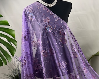 Elegant Lavender Purple Sequin Flower Decor Sheer Lace Shawl Scarf Wedding Cape Evening Shawl Sparkle Shawls Wraps for Party Dresses