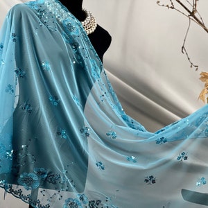 Elegant Light BLUE Floral Sequin Flower Decor Sheer Lace Shawl Scarf Wedding Cape Evening Shawl Sparkle Shawls Wraps for Party Dresses