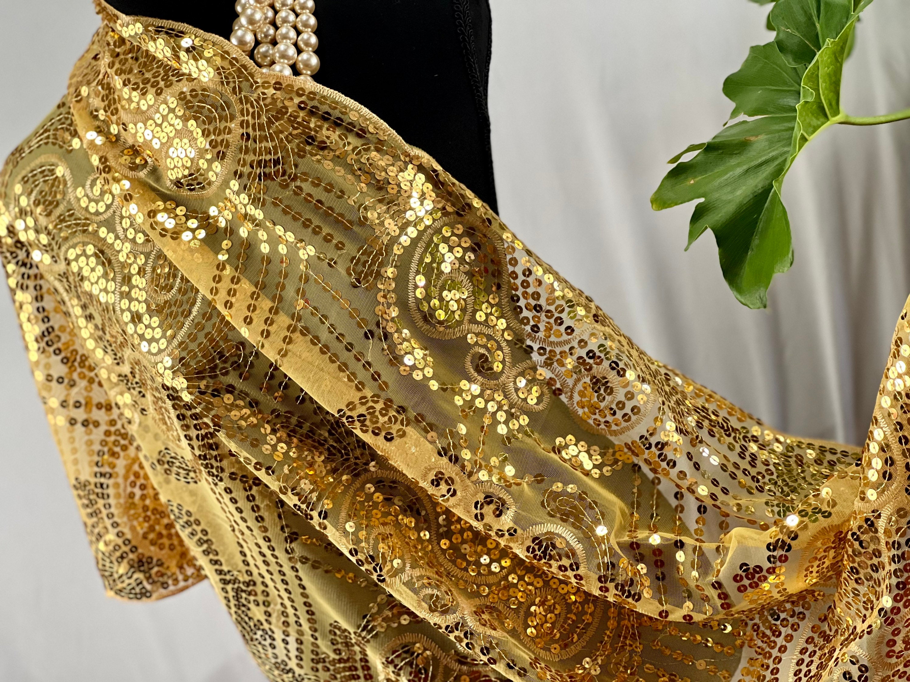 Charming GOLD Floral Sequin Sheer Embroidery Lace Scarf Wedding Cape Evening Scarf Tassels Shawl. Sparkle floral sequin scarf warp shawl