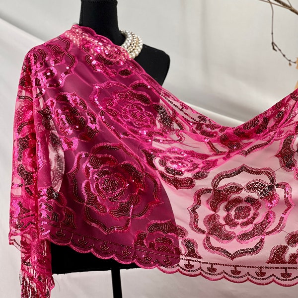 Châle en dentelle transparente à sequins roses fuchsia, écharpe, cape de mariage, écharpe de soirée, glands