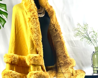 MUSTARD YELLOW Cape Double Layer Faux Fur Cape With Hoodie Luxurious Batwing Wedding Bridal Coat Evening Party Open Front Ruana Cape