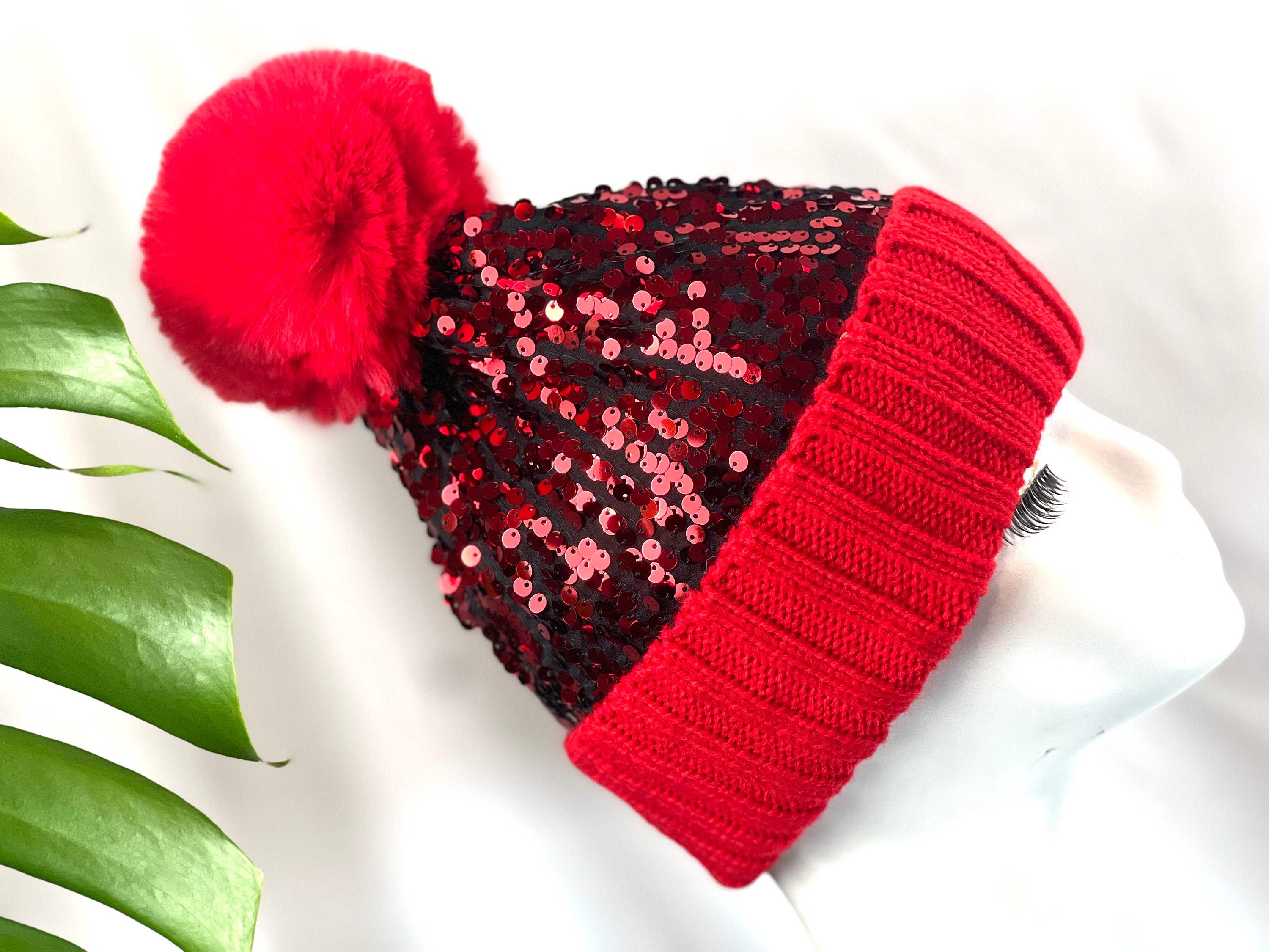 Hot RED Sequin Winter Faux Fur Pom Pom Hat Sequin Beanie Hat Fuzzy Lining  Inside - Etsy
