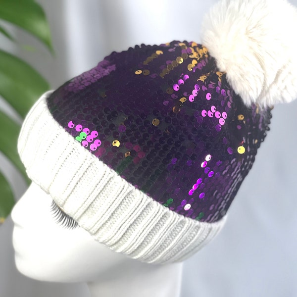 Mardi Gras Sequin Pom Pom Hat Sparkle Ombre Sequin Purple and Gold Stunning Purple Sequin Winter Faux Fur Pom Pom Hat. Sequin Beanie Hat