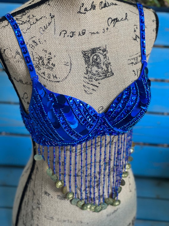 Royal Blue Charming Handmade Beads Belly Dance Sequined Bra Top