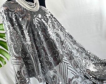 Silver Gray Floral Sequin Embroidery Sheer Lace Shawl, Scarf, Wedding Cape Evening Scarf Tassels Shawl