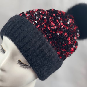 Stunning Red Black Sequin Winter Faux Fur Pom Pom Hat Sequin Beanie Hat Fuzzy Lining Inside