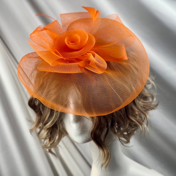 Facinator orange élégant chapeau de thé vintage grand 10", chapeau de fête de thé pour femme, chapeau d'église, chapeau derby du Kentucky, chapeau fantaisie, chapeau de mariage, avec clip