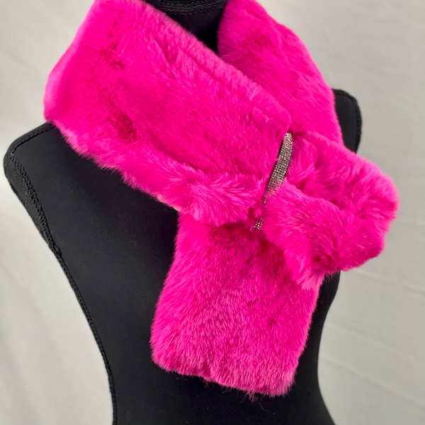 Faux Fur Neon Pink Fuchsia scarf Bling Rhinestones Decor Pull Through Faux Fur Scarf, Winter Scarf, Faux Fur Scarf