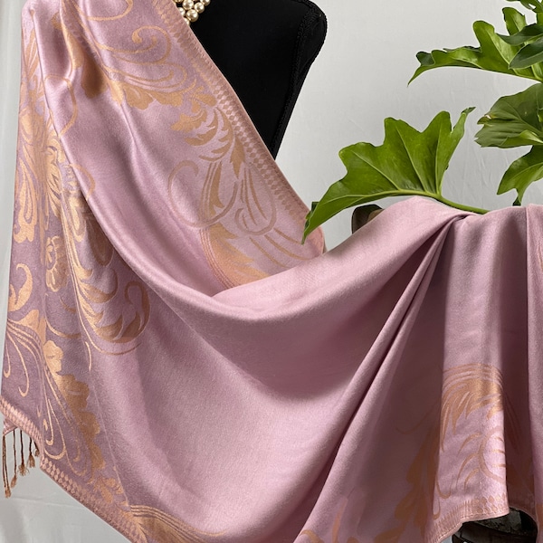 Lilac Gold Elegant Pashmina Silk Shimmer Floral Shawl Fringe Scarf Silky Soft and Warm Feeling Evening Wrap Shawl. Floral Pashmina Hijab