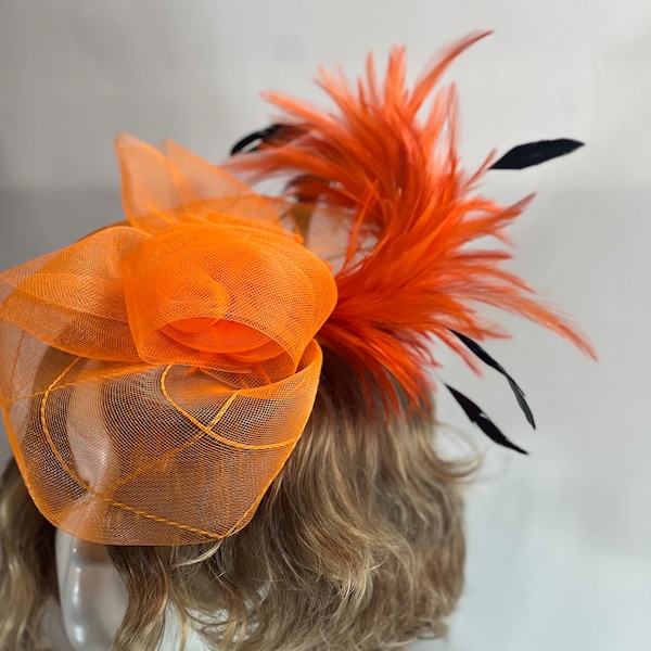 Orange Facinator Elegant Vintage Tea Hat Large 10", Women's Tea Party Hat, Church Hat, Kentucky Derby Hat, Fancy Hat, Wedding Hat, With Clip