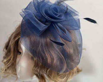 Elegant Vintage Navy Blue Tea Hat Large 10", Women's Tea Party Hat, Church Hat, Kentucky Derby Hat, Fancy Hat, Wedding Hat, With Clip