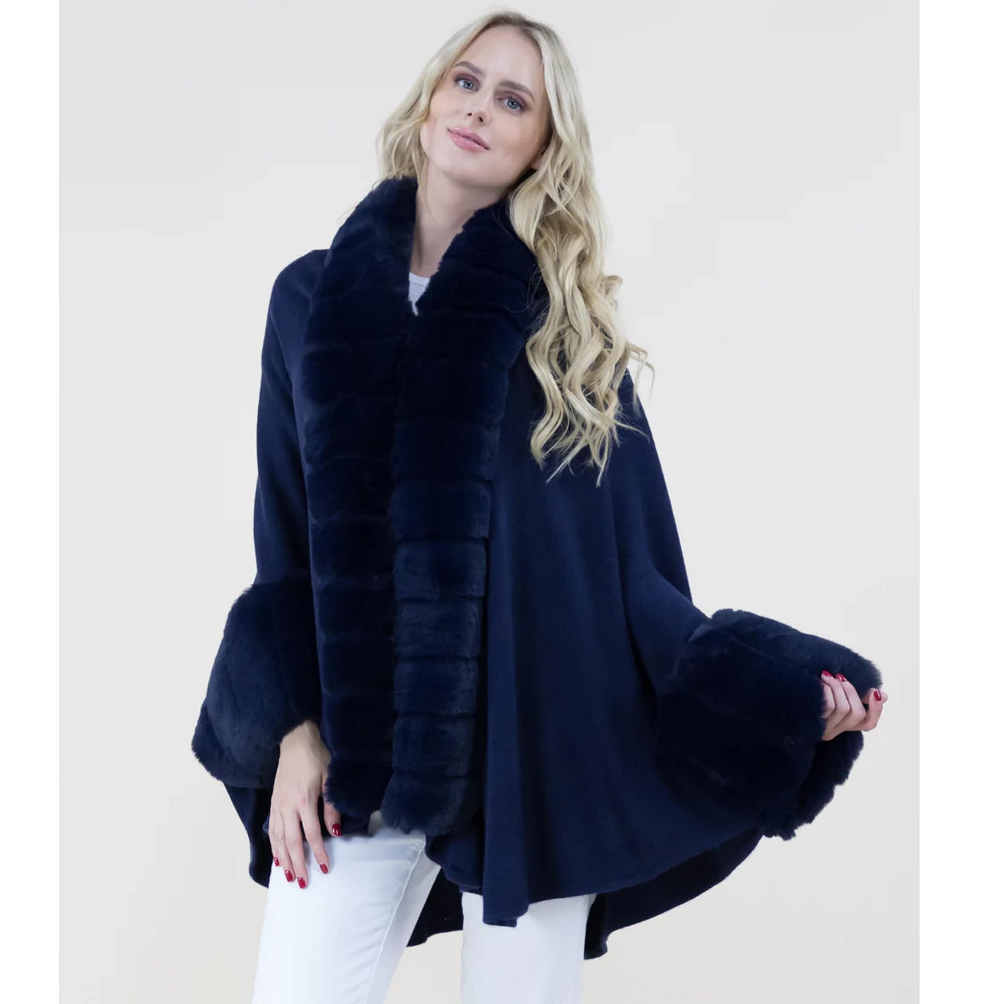 navy faux fur cape
