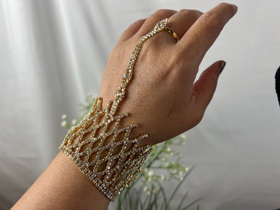 Crystal Gold Hand Piece. Hand Jewelry With Connected Ring. Hand