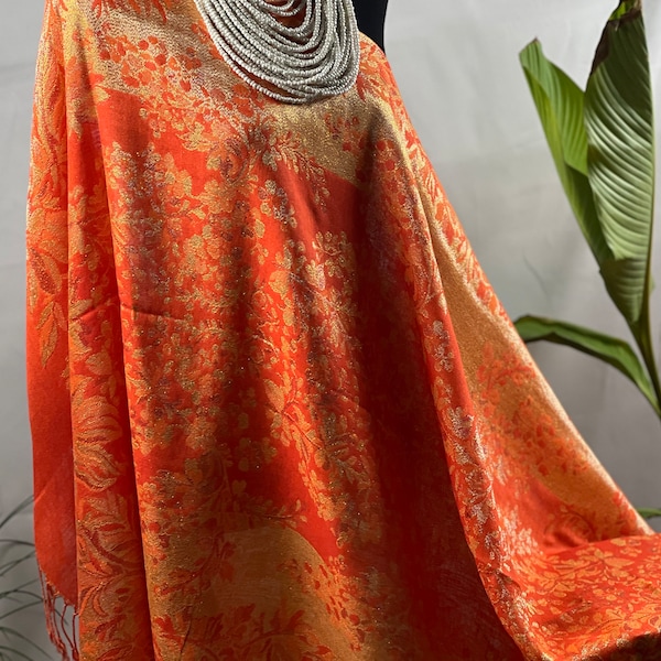 Charming Shinning Orange Autumn Scheme Shawl Pashmina Silk Shimmer Floral Fringe Scarf Silky Soft Warm Evening Wrap Floral Pashmina Hijab