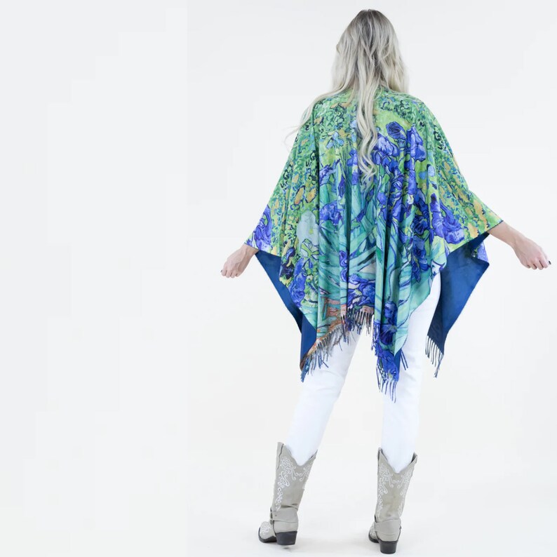 Artful The Irises by Van Gogh Print Ruana Tassel Fringe Details Poncho Ruana Wrap Free Size Ruana Poncho Winter Wrap Soft wool image 6