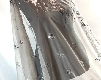 Elegant Silver Gray Floral Sequin Flower Decor Sheer Lace Shawl Scarf Wedding Cape Evening Shawl Sparkle Shawls Wraps for Party Dresses