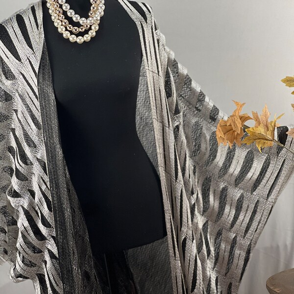 SILVER Shiny Fringe Tassel Long Mesh Kimono Bat Wing Light Weight Sheer Patterned Double Layer Fashion Scarves Shawls Wraps Large