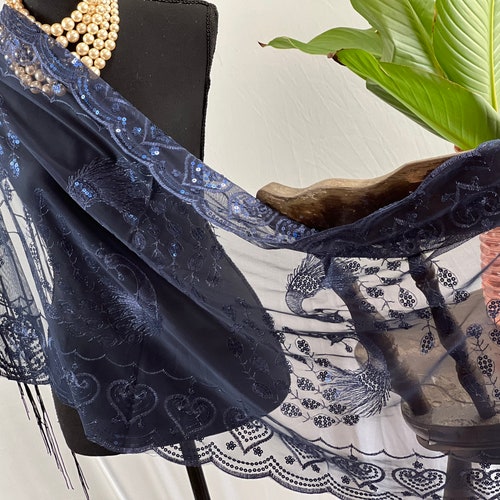 Charming Navy Blue Sequin Peacock Decor Sheer Lace Shawl Scarf - Etsy  Singapore