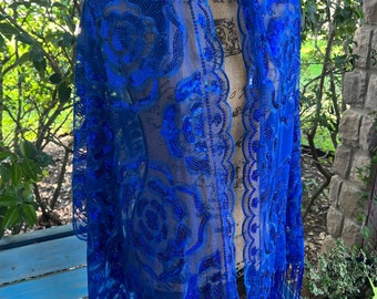 IN RESTORATION Stunning Vintage Black and Blue Embroidered and Sequin Chiffon Shawl