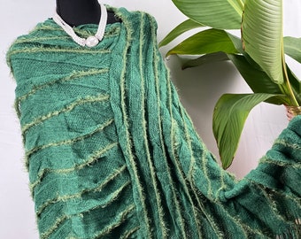 Haute GREEN Distressed Bohenian Poncho Ruana Wrap Bohenian Tassel Knitted Poncho Wrap V-Shap Wrap Winter Warm Wrap Poncho