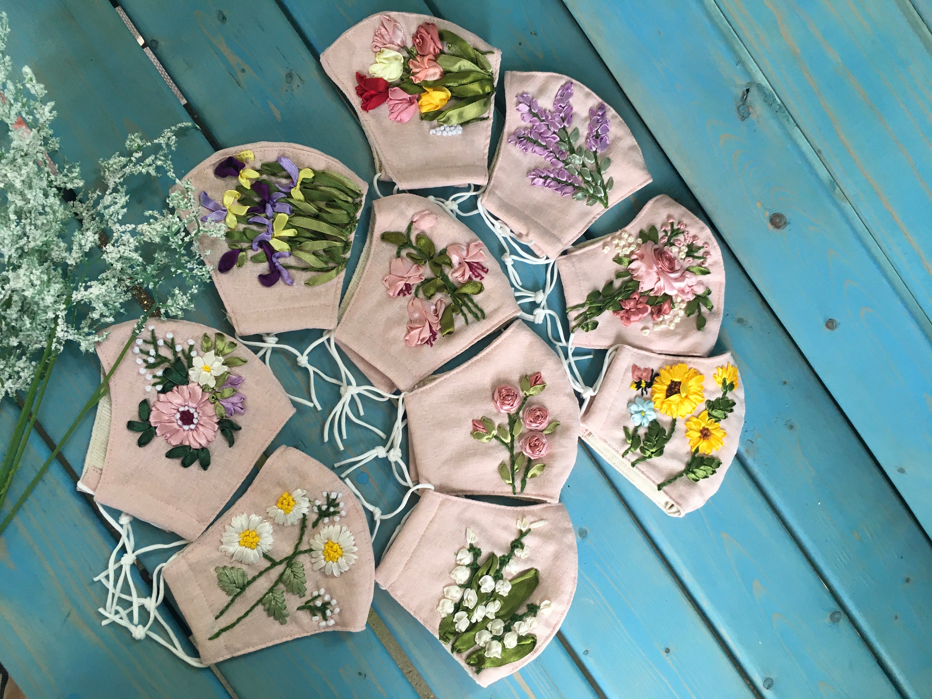 White daisy mask handmade ribbon jessecmault mask linen mask  etsy