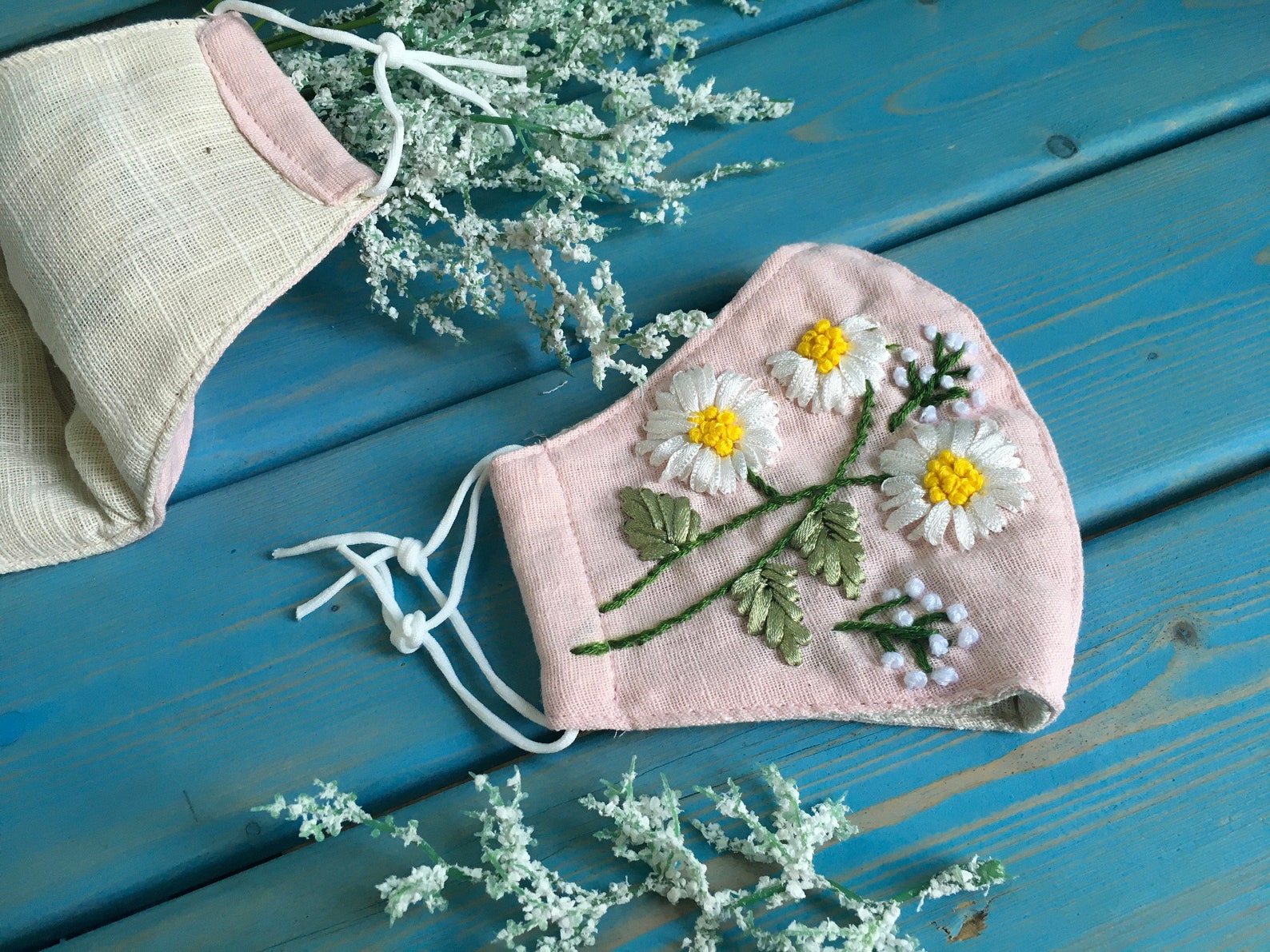 White daisy mask handmade ribbon jessecmault mask linen mask  etsy