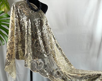 Charmante écharpe en dentelle transparente à sequins floraux dorés, cape de mariage, écharpe de soirée, glands, châle. Écharpe chaîne à sequins floraux scintillants