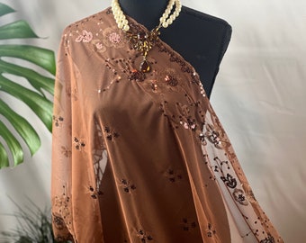 Elegant Brown Coffee Sequin Flower Decor Sheer Lace Shawl Scarf Wedding Cape Evening Shawl Sparkle Shawls Wraps for Party Dresses