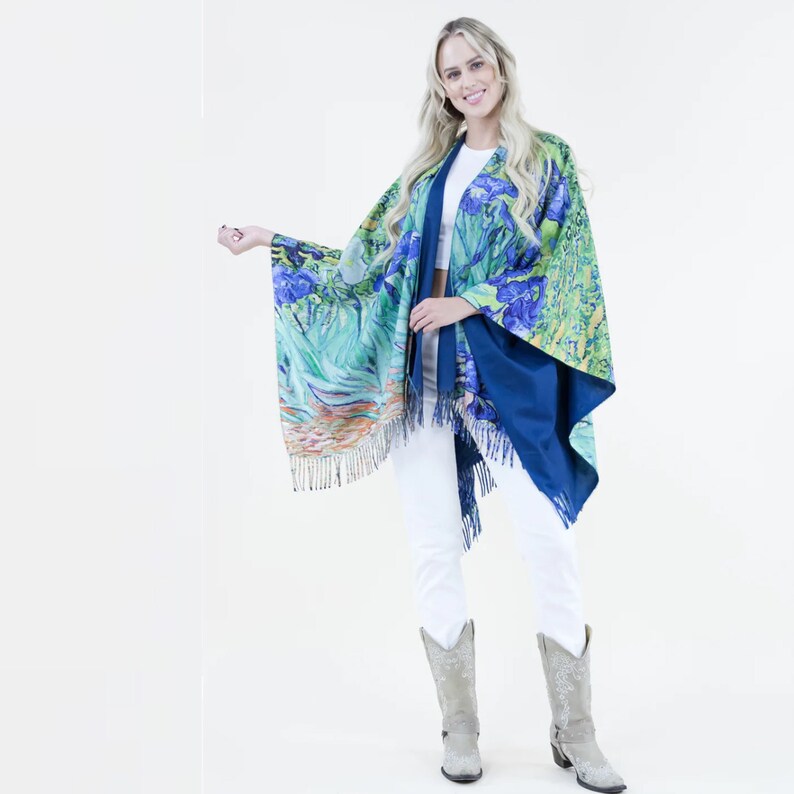 Artful The Irises by Van Gogh Print Ruana Tassel Fringe Details Poncho Ruana Wrap Free Size Ruana Poncho Winter Wrap Soft wool image 1