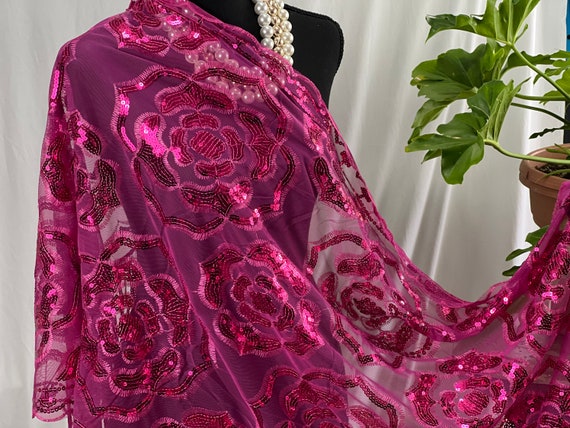 Chic Deep Pink Roses Sequin Sheer Lace Shawl Scarf Wedding Cape
