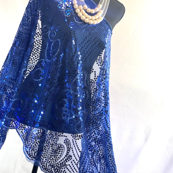 Charming ROYAL BLUE Floral Sequin Sheer Lace Shawl, Scarf, Wedding Cape Evening Scarf Tassels Shawl. Sparkle floral sequin scarf warp shawl