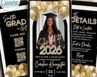 Plantilla de invitación de graduación digital en dorado y negro para fiesta de graduación universitaria de 2026, video animado, código QR, foto, graduación de último año, Evite