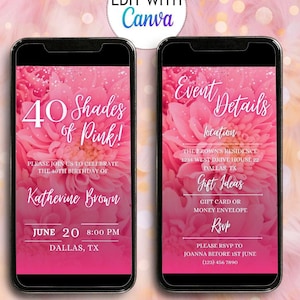Invito a cena floreale con sfumature di rosa modificabili, modello digitale per invito a qualsiasi età, invito a tema con fiori rosa e glitter