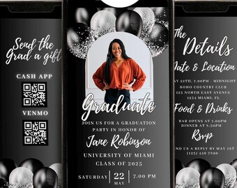 All Black Graduation Party Invitation Template Digital Black Balloons University Grad Party Video Invite 2025 Senior Editable QR Code Evite